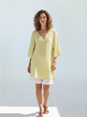100% linen Malvin Germany tunic dress yellow 3/4 sleeve embroidery medium size 8